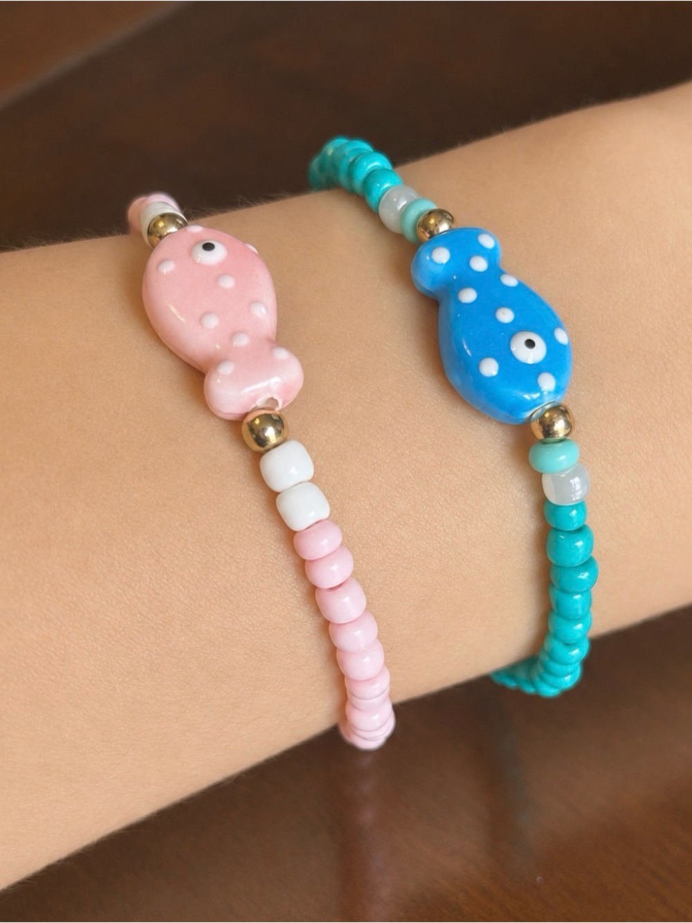 Kids Pink Fish Beaded Stretch Bracelet - Cute Pink Bead Charm